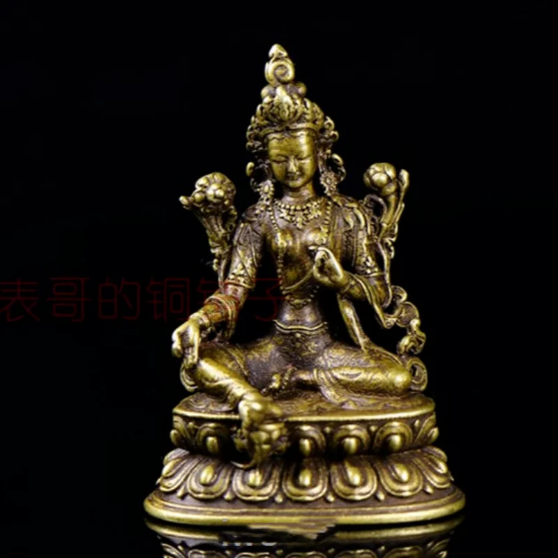 Asia Old China Tibet bronze solid Small Green Tara Buddha statue