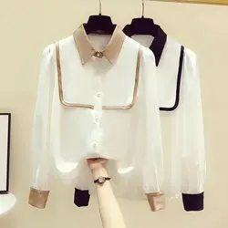 Office Lady Single-breasted Polo-Neck Blouse Spring Summer Long Sleeve Loose Female Clothing Elegant Spliced Solid Color Shirt