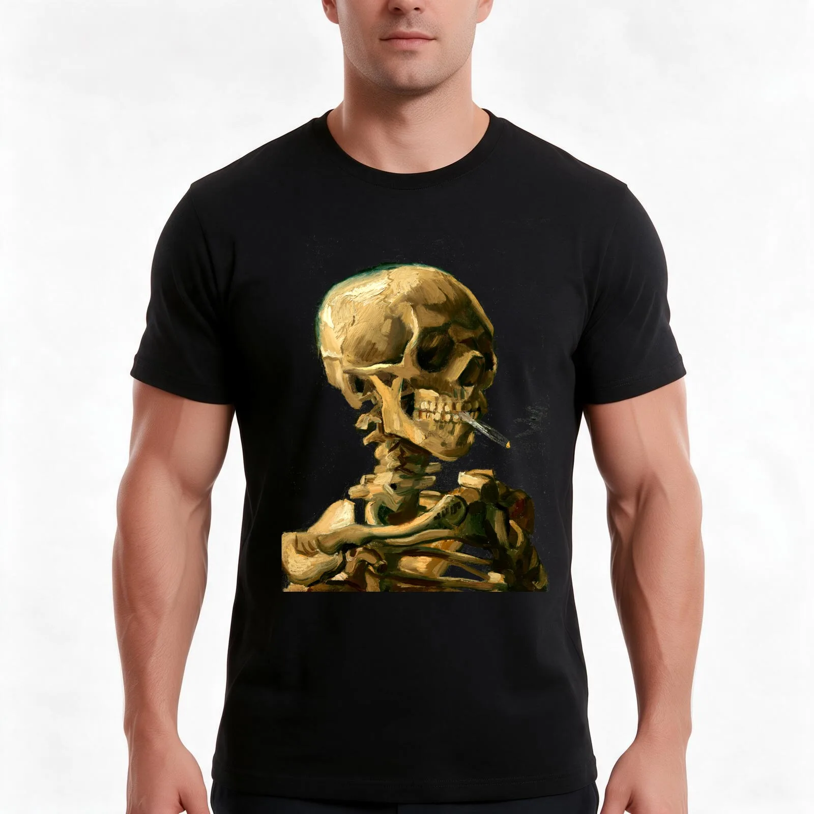 Skull of a Skeleton with Burning Cigarette (Kop van een skelet met brandende sigaret) T-Shirt Summer Casual Cotton Tee