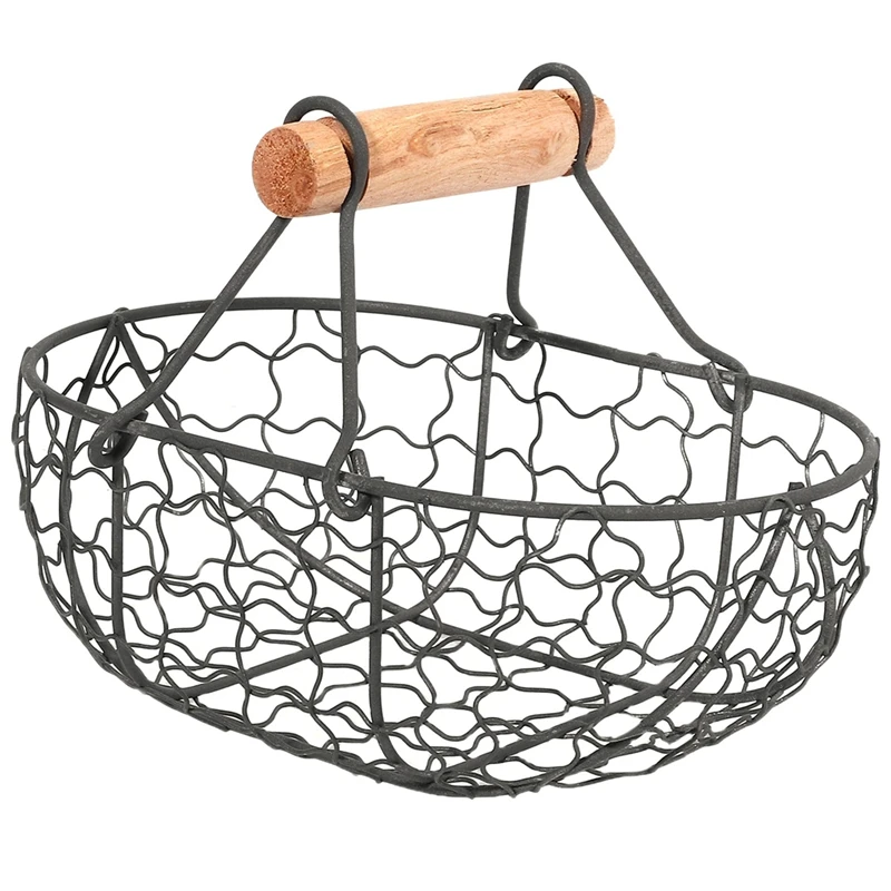 Cesta de armazenamento multifuncional portátil com cabo de madeira, metal, preto, vegetais, frutas, ovos, mercearia, prático, retro, 3X