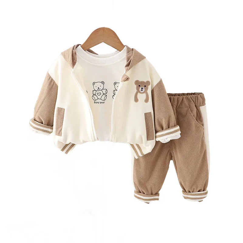 

Baby Autumn Clothes Set 2024 Spring Korean Casual Cartoon Long Sleeve Hooded Jackets + White T-shirts + Pants Kids Boys Outfits