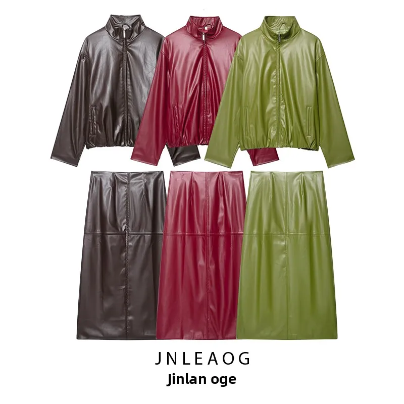 JNLEAOG Autumn New American Retro Stand Collar Leather Jaet Skirt Design Women's Faion Outerwear Polyester Fiber Long Sve