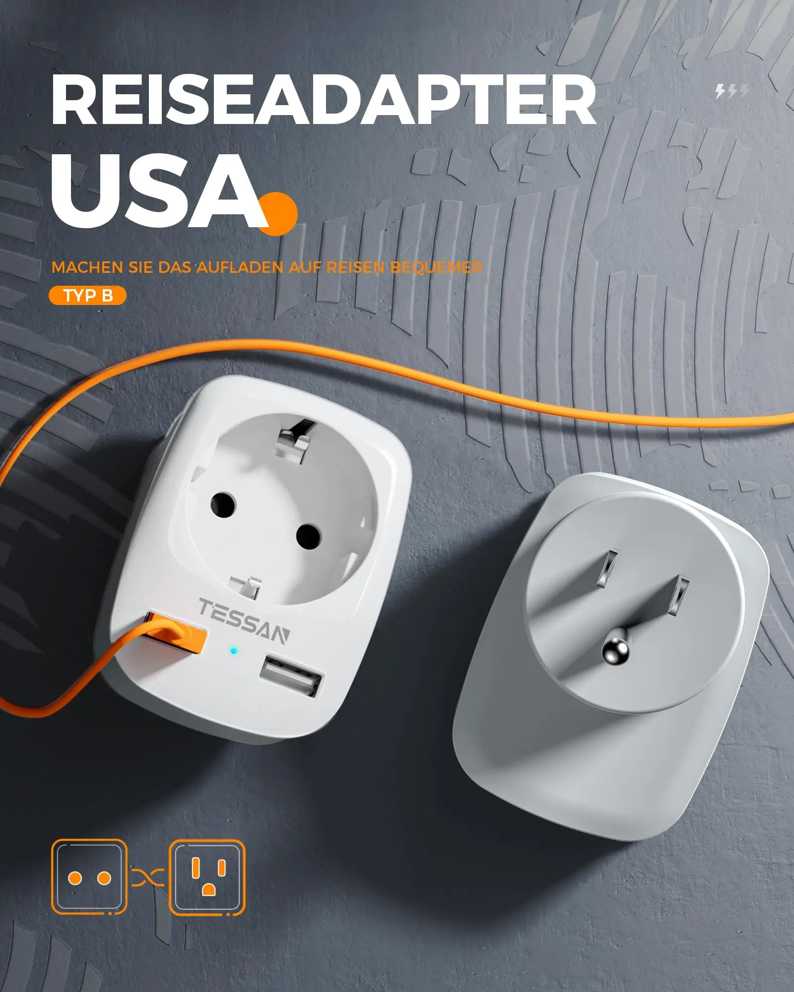 TESSAN Adapter podróżny Adapter USA Ameryka Europa Wtyczka z 2 gniazdami USB 2.4A Adapter podróżny Wtyczka zasilająca do Kanady Meksyku