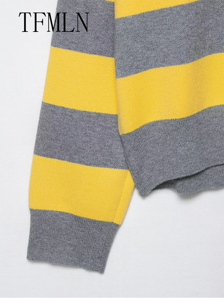 TFMLN-suéter de punto a rayas de gran tamaño para mujer, moda de otoño 20220, Jersey informal holgado con cuello tipo Polo, Tops, prendas de punto elegantes de calle