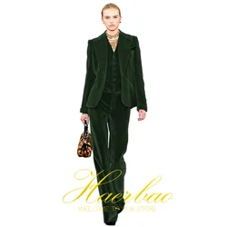 Dark Green Velvet Women Suit Pant Set 3 Piece Wedding Formal Dress (Jacket Pant Vest) Blazer Business Lady Workwear