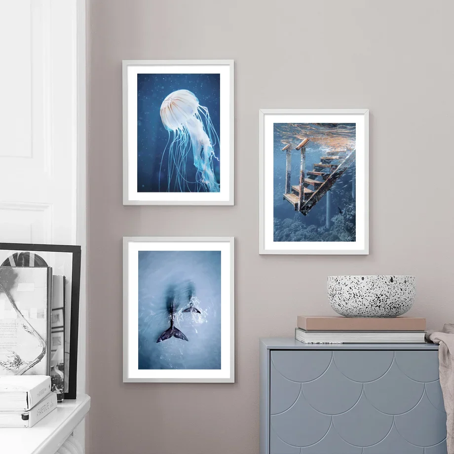 (No frame)Póster azul de Santorini, olas del mar Egeo, ballena, Mica, palma, velero, lienzo impreso minimalista, pintura, art