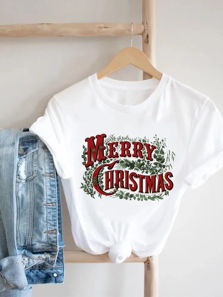 

Letter Style Happy New Year Christmas Graphic T Shirt Print T-shirt Top Fashion Female Short Sleeve Women Holiday Tee Clothing