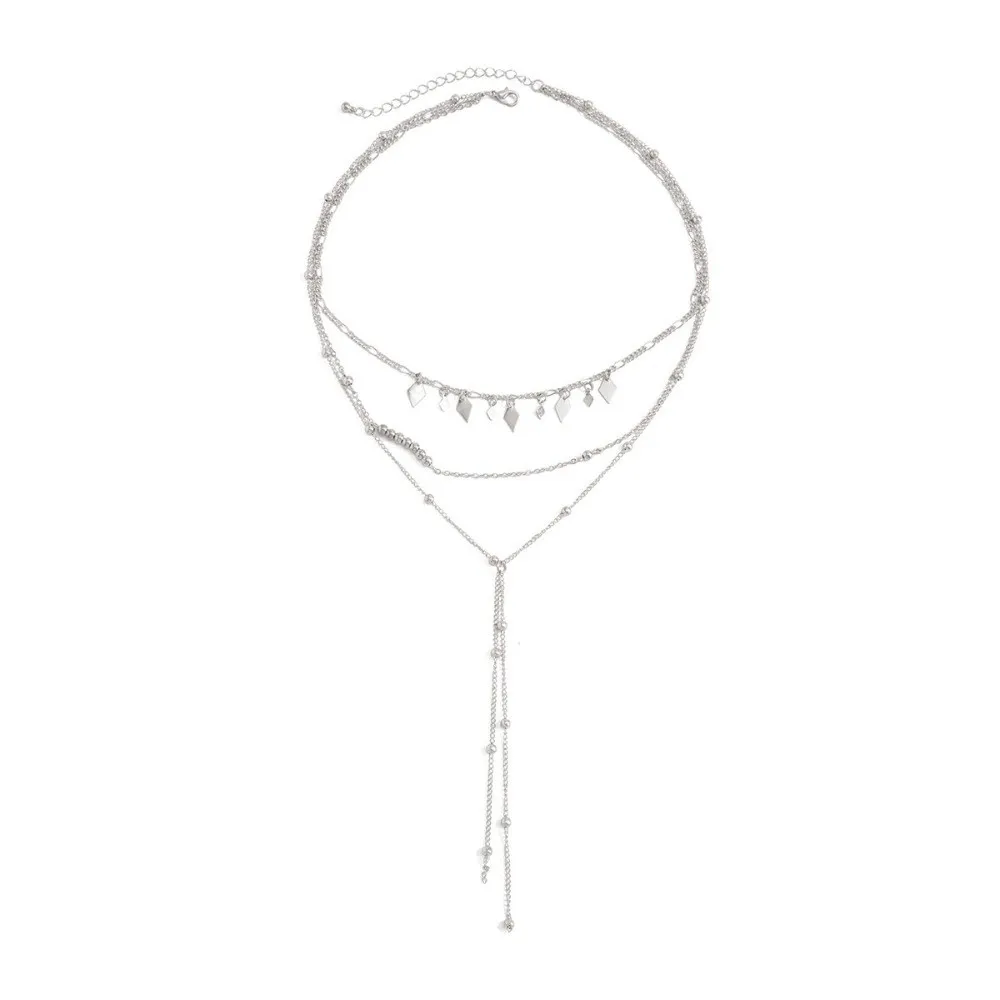 Minimal Multi Layer Choker Rhombus Sequins Slim Layered Chain Stack Wear Thin Bead Link Drop Pendant Party Match