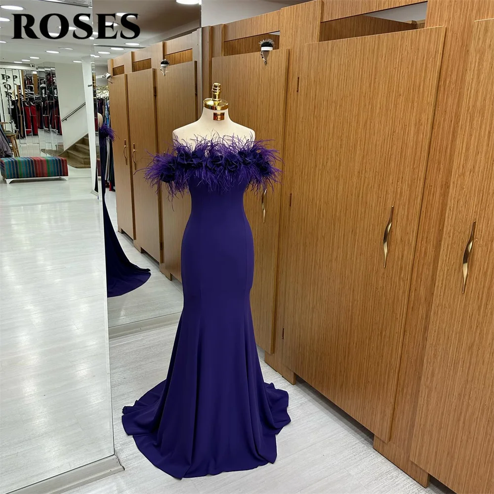 

ROSES Purple Prom Dresses Off The Shoulder Feathered Evening Dresses With Flowers Party Dress Slim Fit Mermaid فساتين السهرة