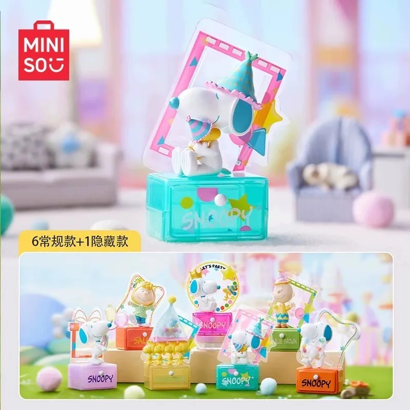 MINISO Snoopy Party Time Series Blind Box Figure Doll, Anime Cool Trendy Ornaments para niños y niñas, vacaciones, regalos de cumpleaños