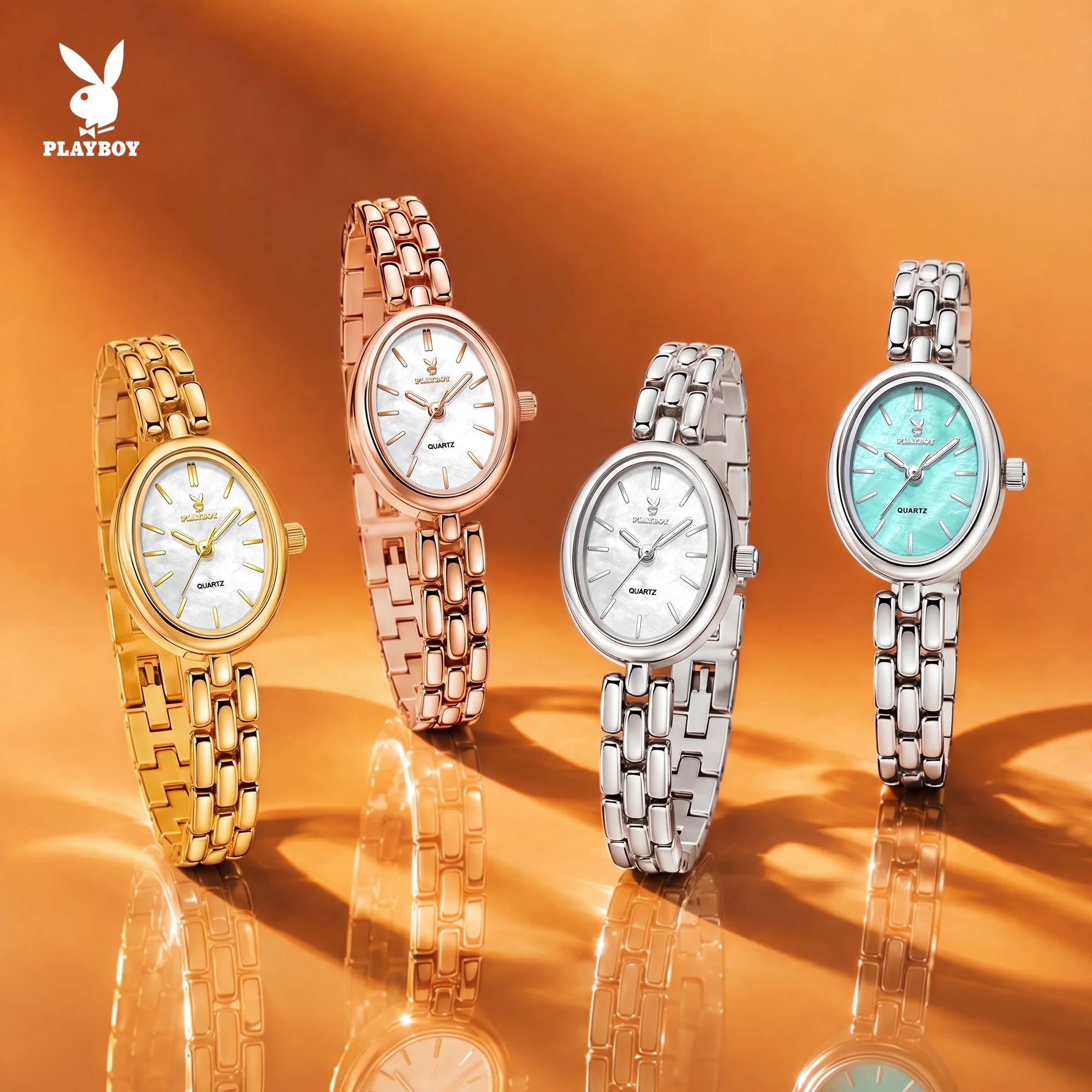 PLAYBOY Luxury Watches for Woman Original Stainless Steel Strap Simple Fashion Unique Oval Dial Ladies Waterproof Watches 3563