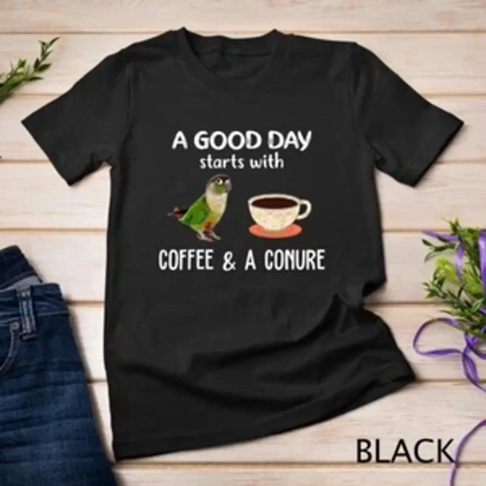 Green Cheek Conure Clothing Good Day Coffee Parrot T shirt vintage Washed Breathable Comfortable Unisex Casual streetwear