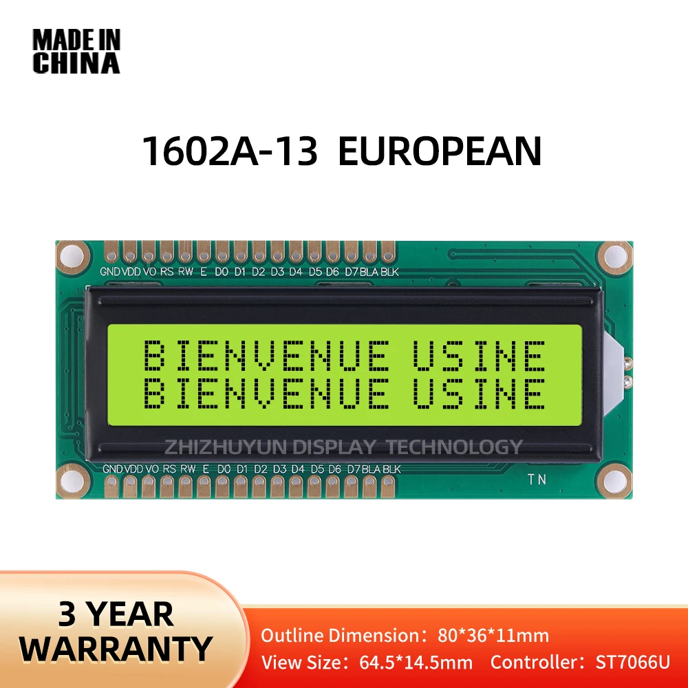 1602a-13 Europese Karakter Lcd Module Geel Groene Film Dubbele Rij Interface St7066u Controller 16*2 Monochroom Scherm