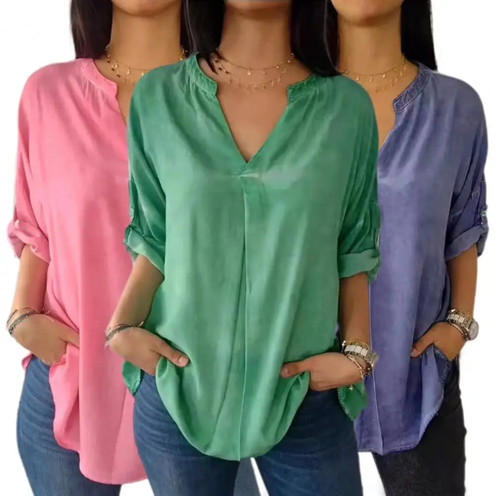 Top informal de Color liso para mujer, Tops elegantes con cuello en V, Media manga, diseño de abertura trasera, ajuste suelto para diario