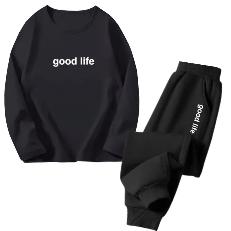 Boys Good Life Letter Print Clothes Set Kids Cotton Long Sleeved T-shirt Top+Sweatpants Outfit Boys Spring Handsome Tracksuits