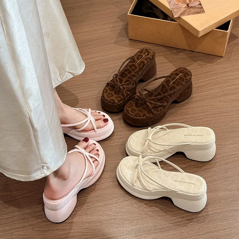 

Women's Platform Slide Sandals Leopard Print & Solid Color Strappy Mules Summer Slip On Thick Block Heel Slippers For Daily Wear