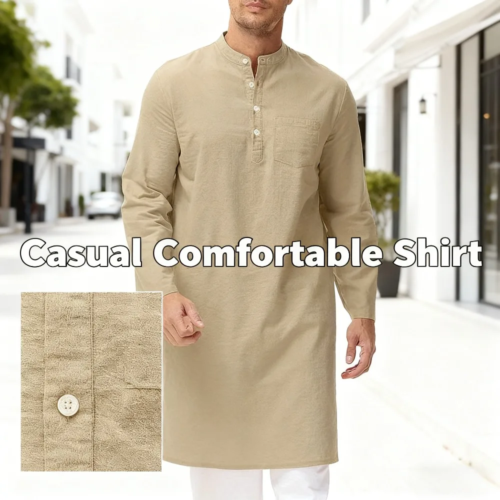 

Мужская хлопковая этническая рубашка-хенли с длинным рукавом, боковыми разрезами и пуговицами, традиционный культурный наряд