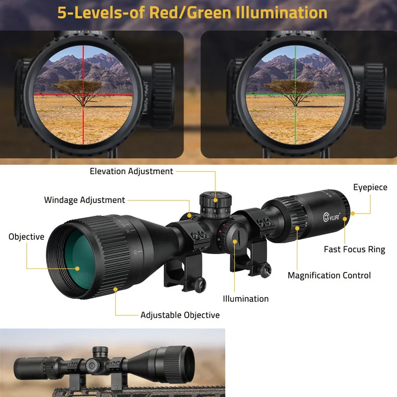 

2.5-10X50 AO Rifle Scope Optics Riflescope Red Green Illuminated Sights with 20mm rings for ‎‎Picatinny Rail Mount 1 inch Tube