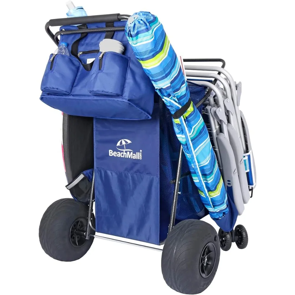 Максимальная пляжная тележка с колесами для песка — тележка-багги с большими колесами, изолированная сумка-холодильник, доска для тела и держатель для зонта