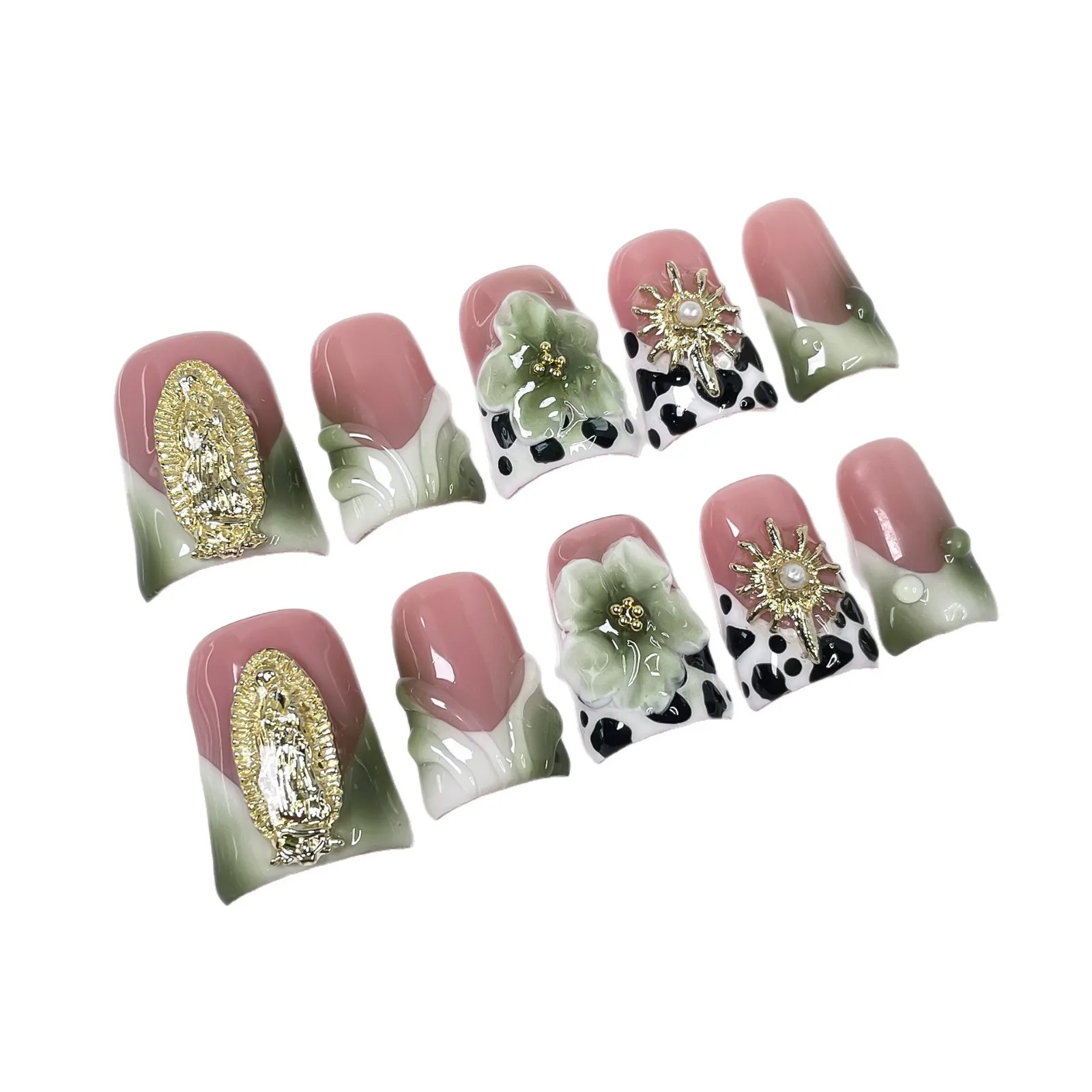 10 Stück handgemachte Duckbilled French Press on Nails 3D Green Flower Design Fake Nails Wearable European Spice Girls Falsche Nägel