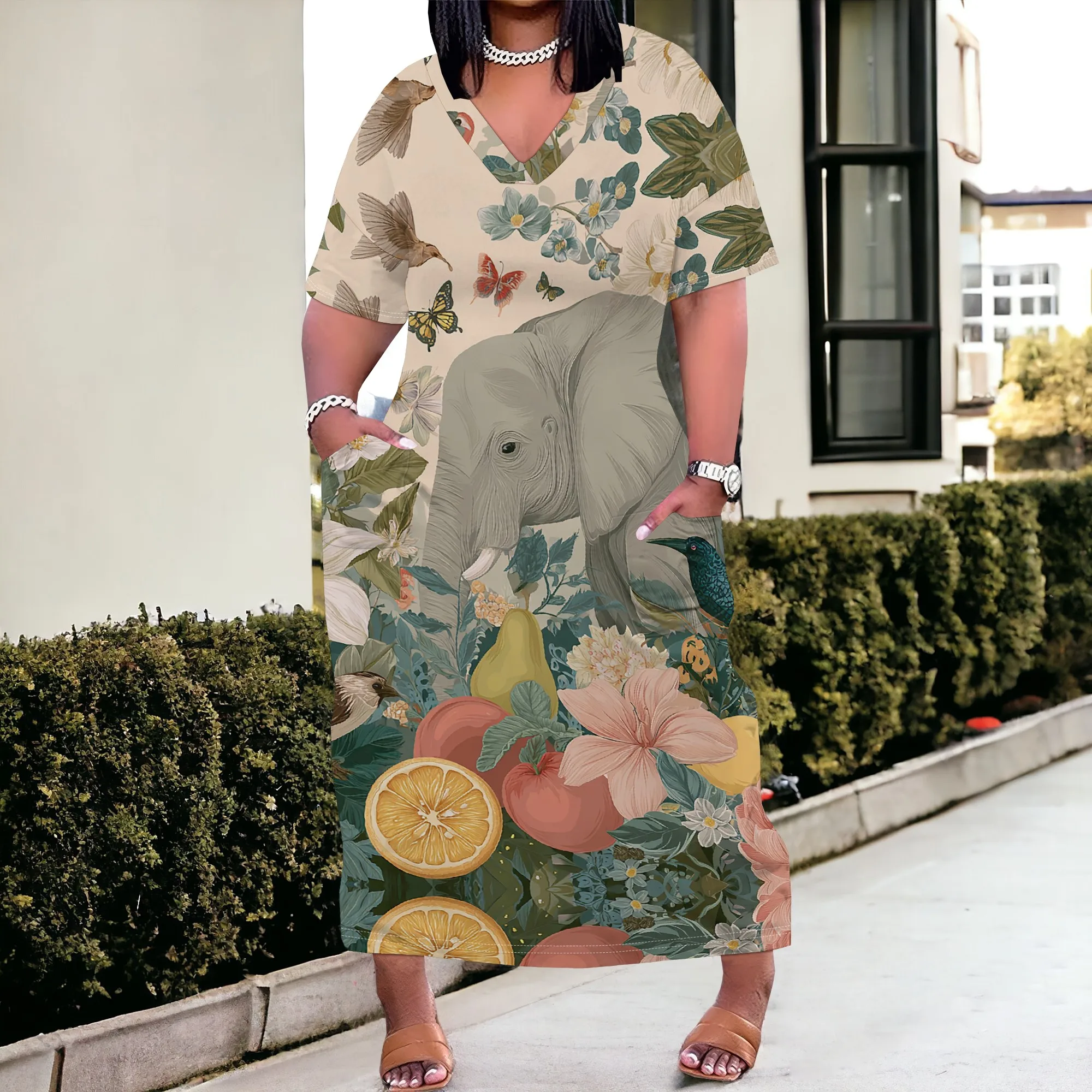 

Women's Plus Size Nature Print Maxi Dress - V-Neck Short Sleeve Loose Fit - Elephant Floral Fruit for Summer Safari Vacation