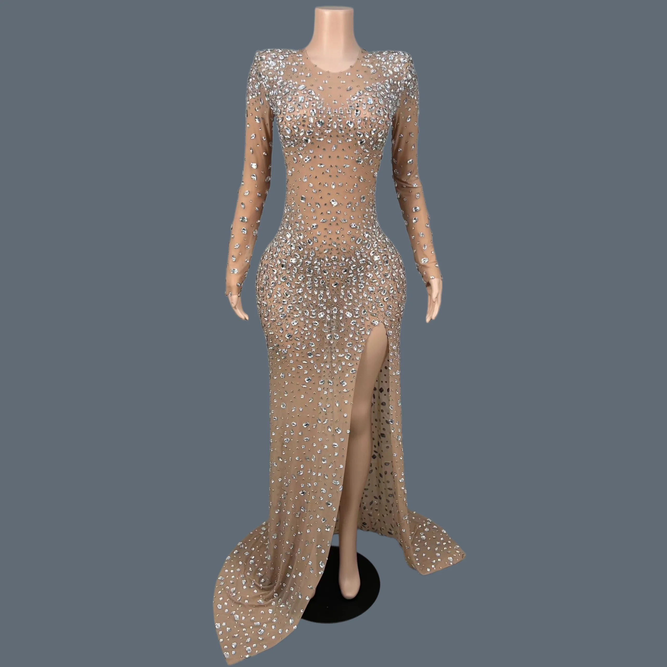 

Women Sparkly Rhinestone High Side Slits Long Dress Party Prom Luxury Sexy Couture Event Transparent Mesh Evening Gown Huixing