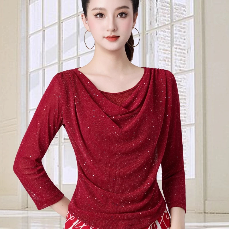 

Новый зимний модный приталенный топ для латиноамериканских и бальных танцев с длинными рукавами, элегантный и стильный костюм для современных и квадратных танцев