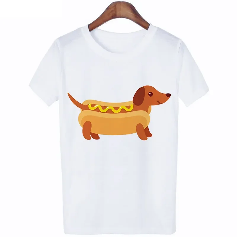 Cartoon Dachshund Dog  Printed Children's Short Sleeved New Fashion Trend Parent-child Round Neck T-shirt