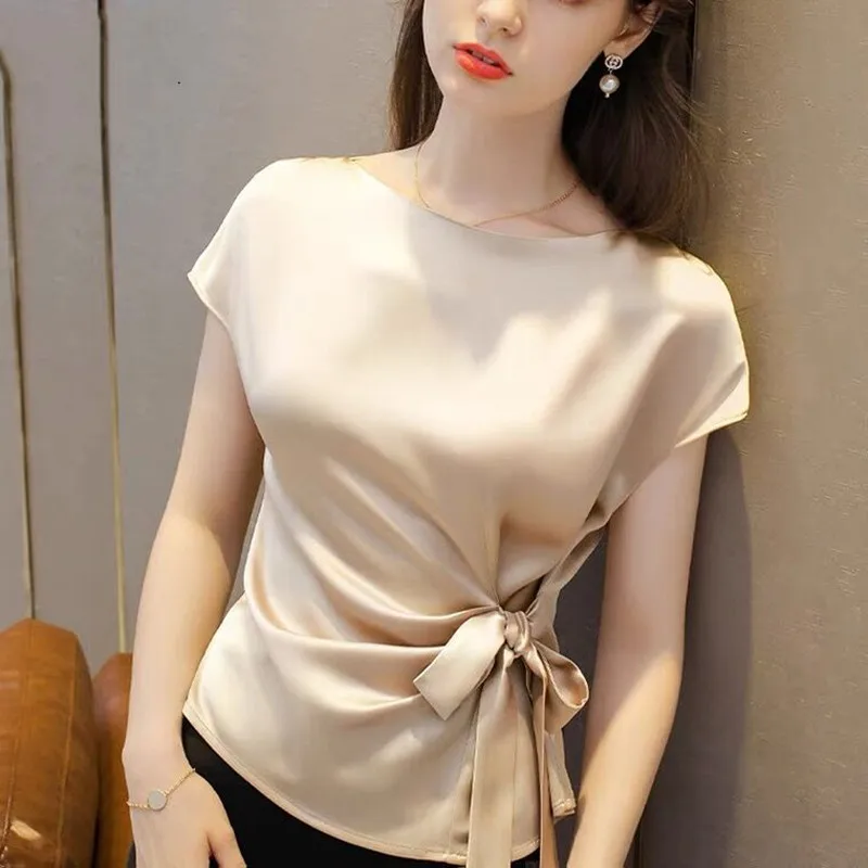 Black white Red Office Lady chiffon Shirts New Korean satin Silk lace up shirts Women Vintage boat neck Acetate satin blouse