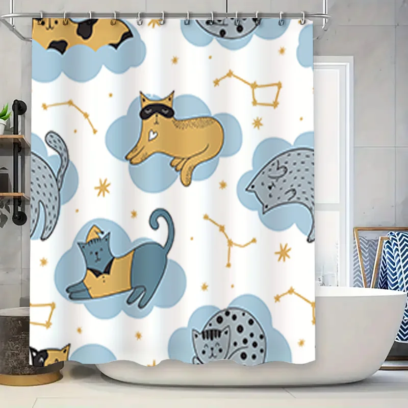 

Очаровательная занавеска для душа с изображением кота и созвездия для декора ванной комнаты, синие облака, знаки зодиака, узор, аксессуары для дома TaurusDuan
