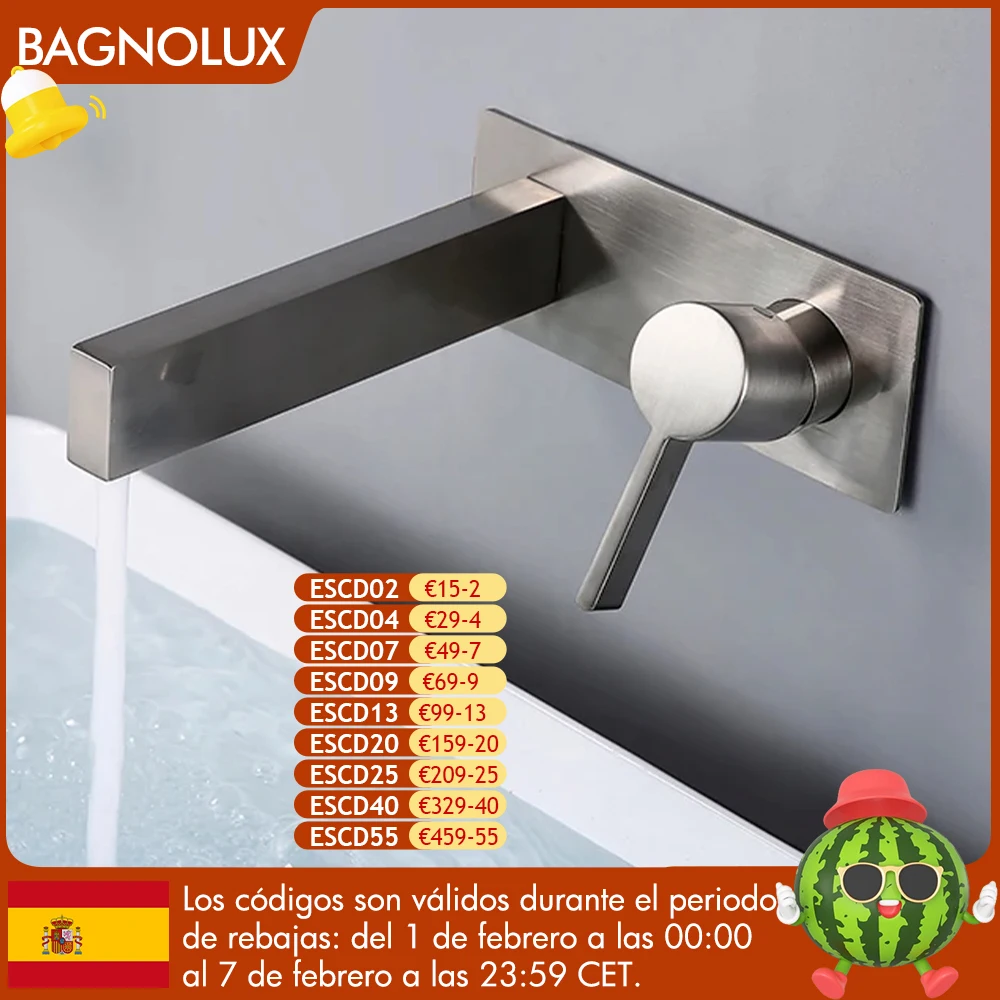 

Смеситель для раковины ванной комнаты и кухни, настенный кран из нержавеющей стали черного цвета, хромированная латунь, одна ручка, два отверстия, для горячей и холодной воды