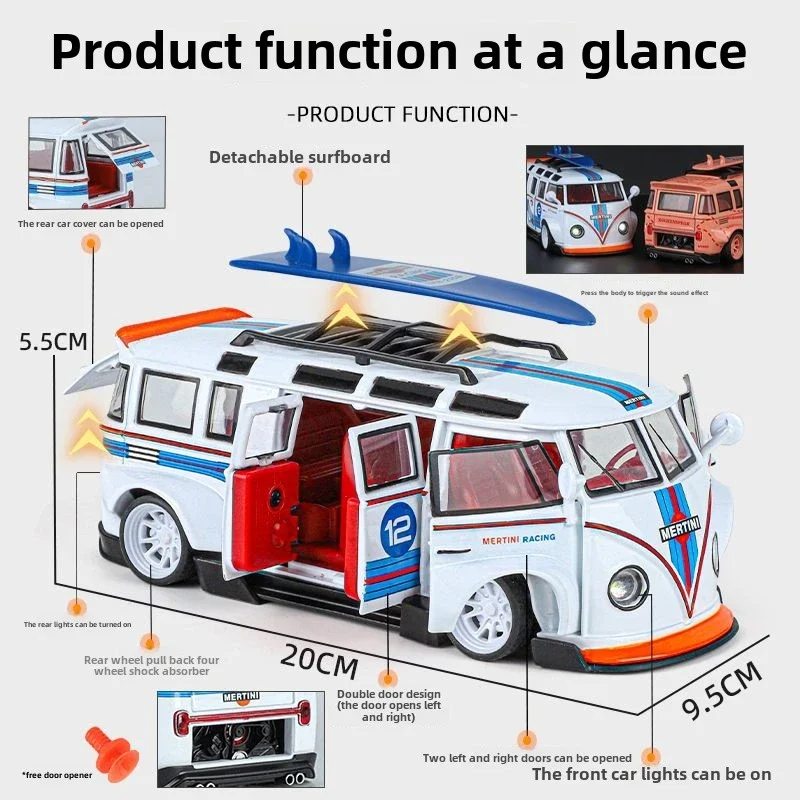 1:32 Volkswagen T1 bus model surfboard detachable sound and light pull back children's toy decoration