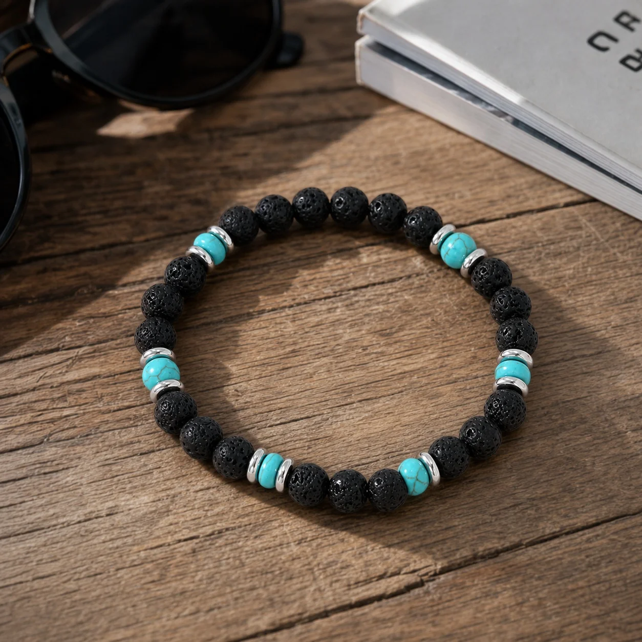 1pc Men Round Stone Beaded Bracelet Black Porous Turquoise Color Beads Stainless Steel Spacer Ethnic Strand Bracelet