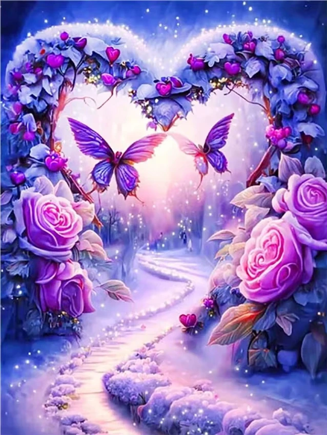 DIY Purple Romantic Floral Diamond Painting Heart Shaped Flower Sparkling Butterfly Misty Trail Creative Bedroom Wall Art Gift
