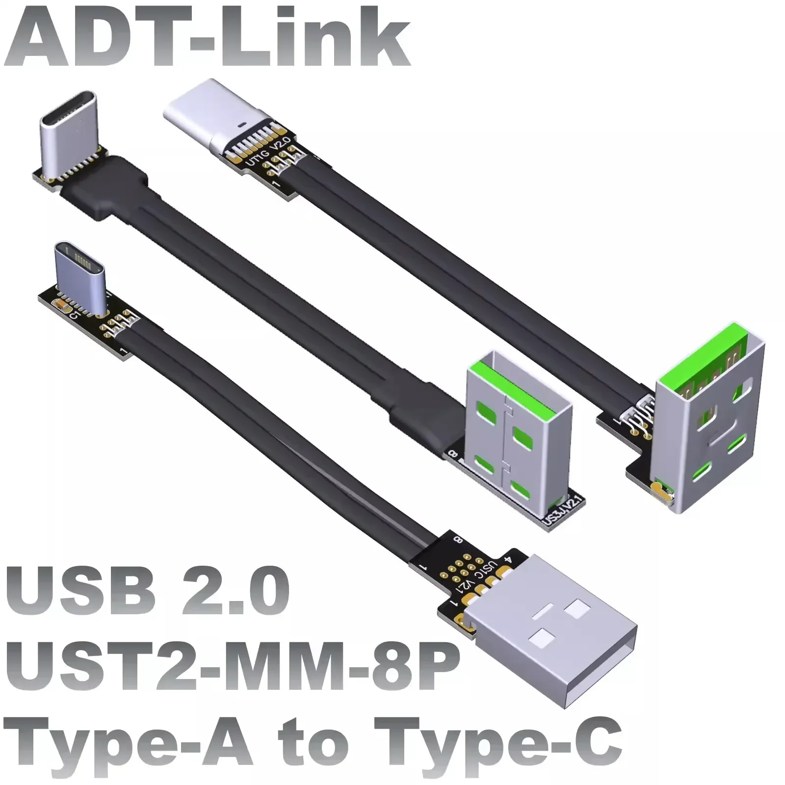 

ADT-Link USB Male To Type-C 2.0 Male Charging Data Cable USB2.0 Connector Up/Down Slim 90 Angle Flexible Flat Thin Shielded Line
