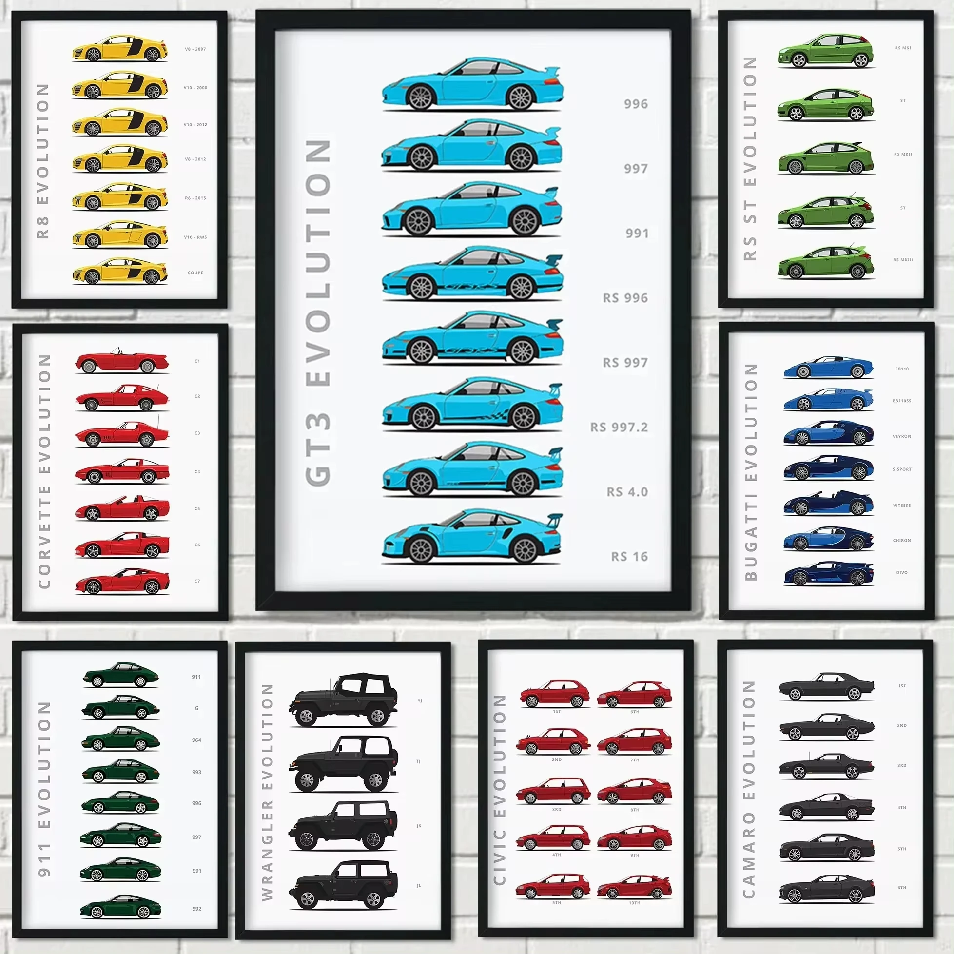 Cartoon Vintage Cars Poster Racing RS Car Plus 911 M3 R8 C3 Evolution Wall Art Painting Room Canvas Print Living Home Decor