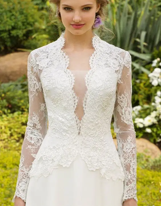 Elegante vestidos de noiva de manga comprida 2020 rendas vestidos longos de novia vestido de noiva robe de mariee a line branco marfim até o chão