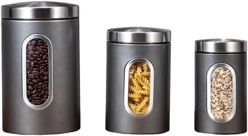 

Transparent Silver Gray Canisters Sets of 3 Pieces For The Kitchen,0.9/1.6/2.9 Quarts Stainless Steel Coffee Sugar Tea C