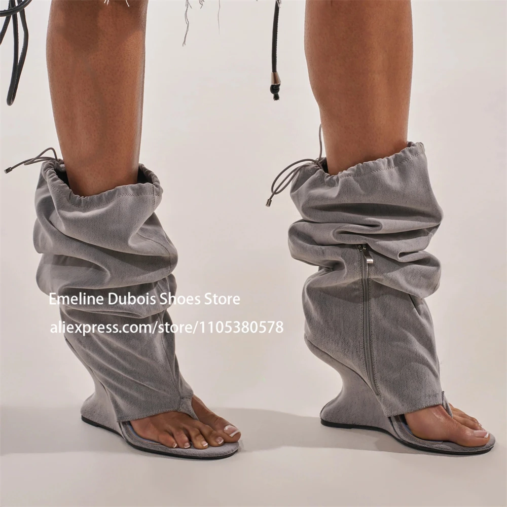 

Denim Wedge Heel Mid Calf Thong Boots Drawstring Top Side Zip Flip Flop Long Boots Gladiator Sandals for Women Y2K Streetwear