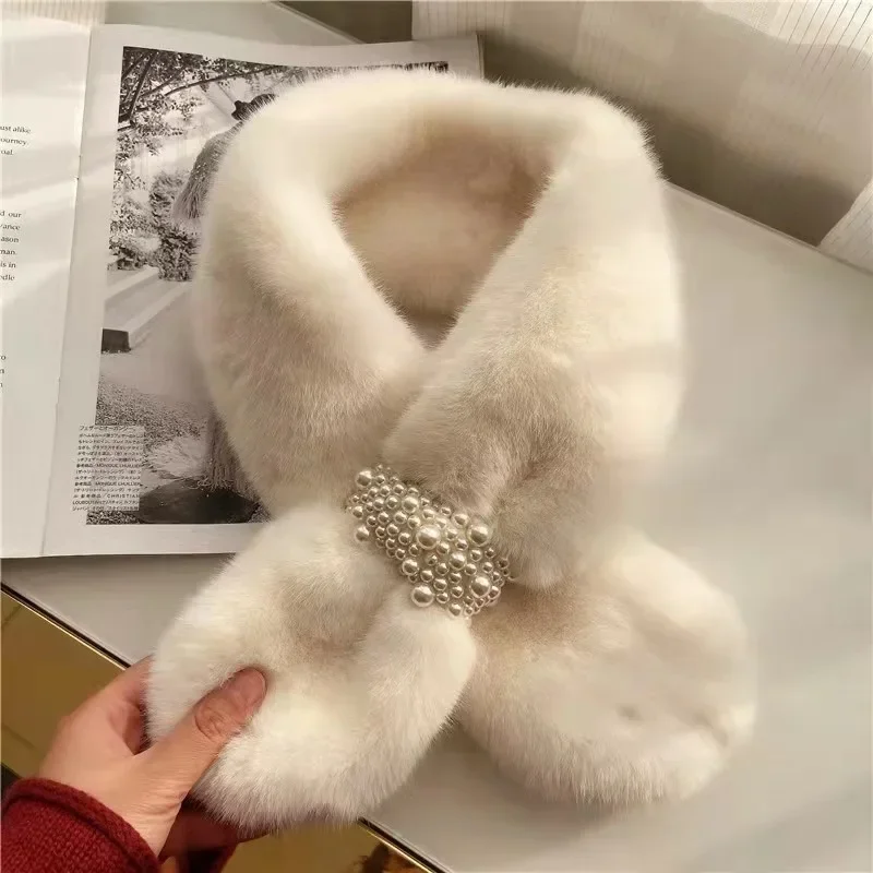 وشاح نسائي للخريف والشتاء دافئ متعدد الاستخدامات لحماية الرقبة غطاء للرقبة شتوي من أرنب قضاعة صناعي من القطيفة وشاح منقط