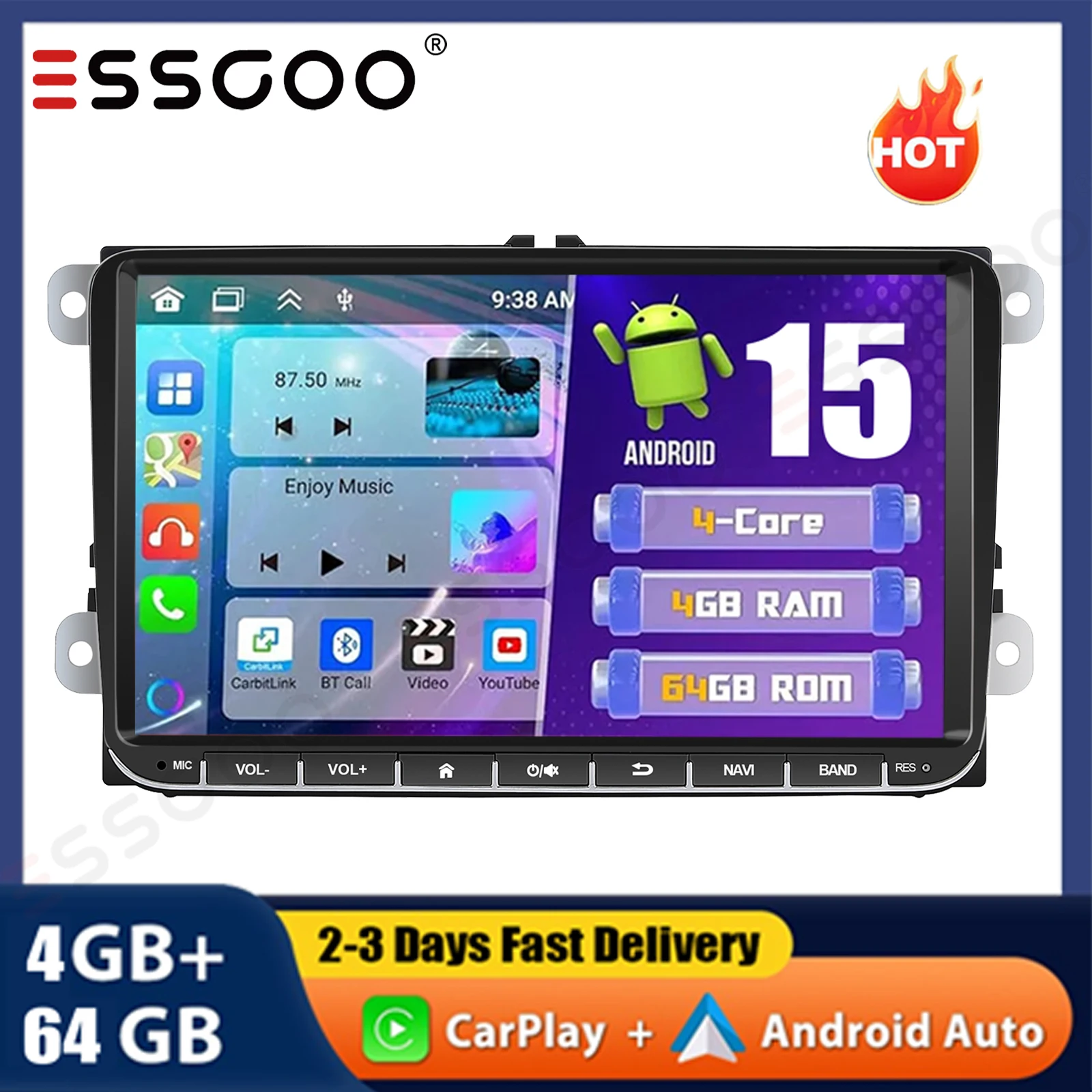 

9-дюймовая автомагнитола Android 15 4+64 ГБ с CarPlay для VW Golf 5 6 Passat B6 B7 Polo Touran Tiguan Caddy, GPS, Wi-Fi, SWC, FM, BT, DVR и камерой