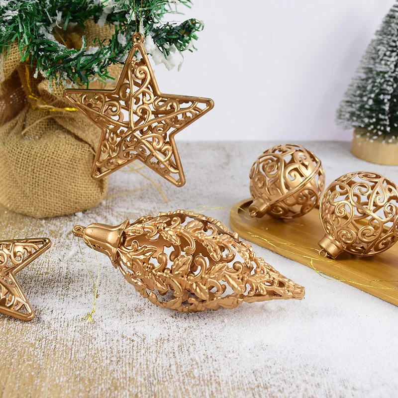 4/8pcs Christmas Gold Hollowed Out Pentagram Pumpkin Ball Pendant Creative Plastics Electroplating Christmas Ball Set Box Gift