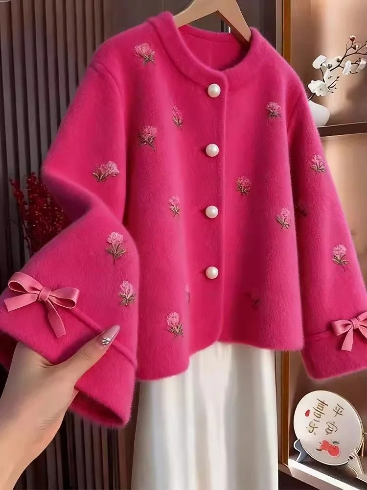 

Ele Floral Long Sve Loose Fit round Ne Coat for Women Winter Faion Outerwear Single Button Sle French Sle Knit...