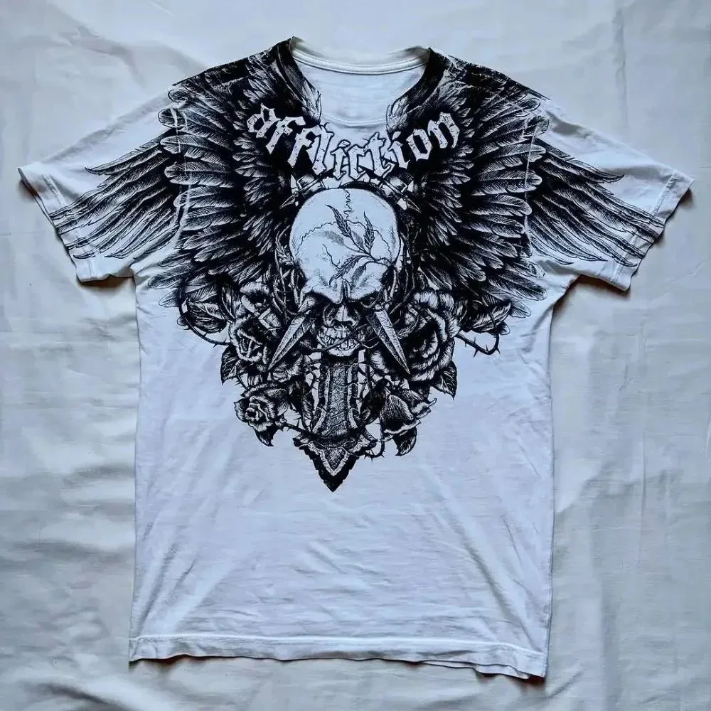 European and American Men's Summer Gothic Death Skull Print Comfortable and Breathable Round Neck T-shirt Outdoor Street Top