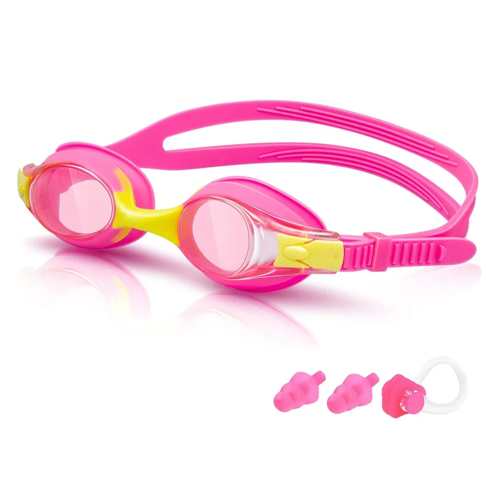 Professional children color matching swimming goggles set with nose plugs and ear plugs, colorful boys and girls swimming goggle