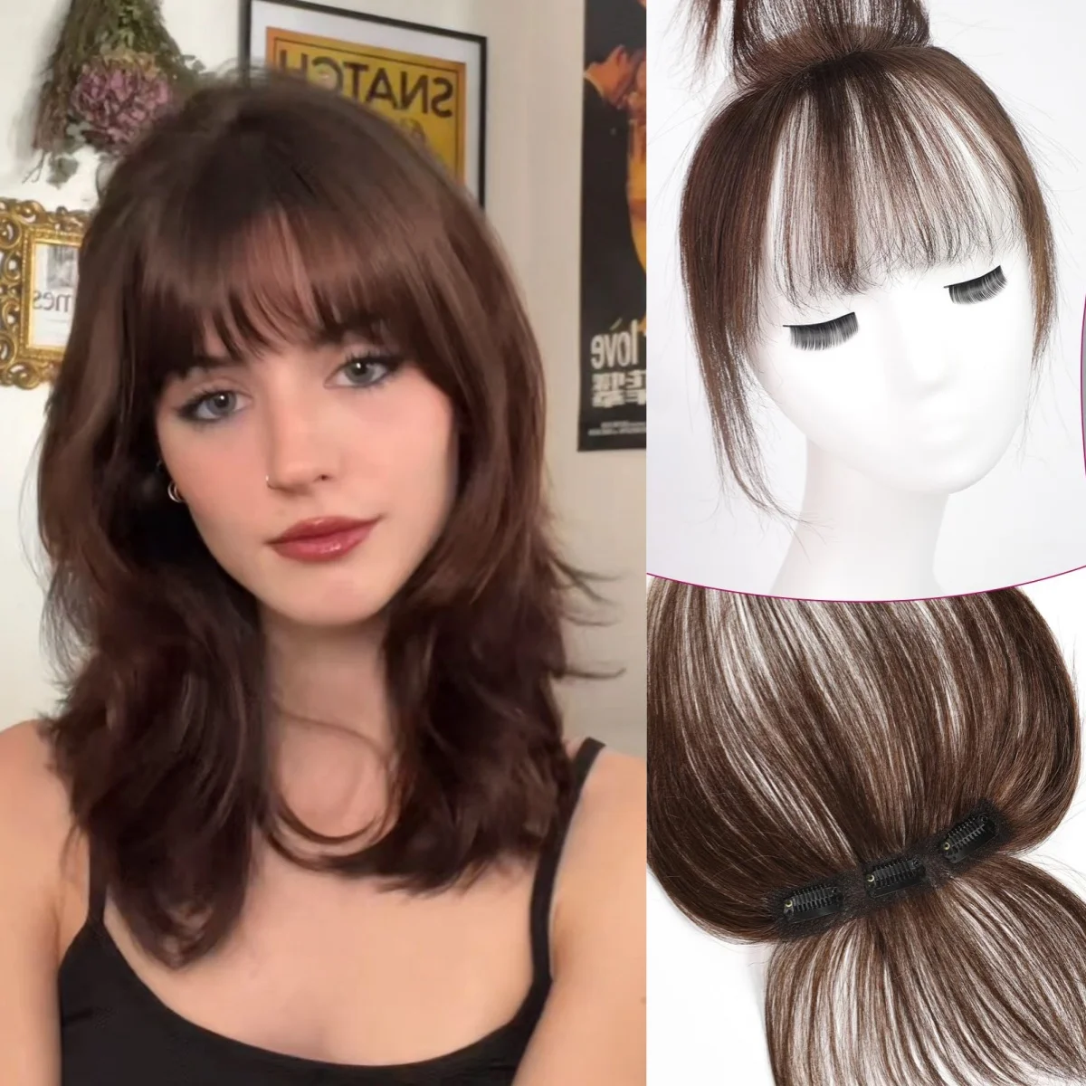 

Clip in Bangs Hair Pieces 100% Human Hair Extensions Brown Natural Air Bangs with Temples for Women Cosplay Party Use