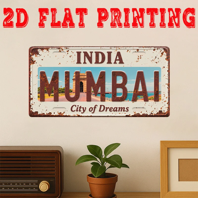 2D Flat, 2D Flat Printing, 1pc, Vintage Metal Tin Sign, Decorative Sign, Mumbai City Sign, Gateway of India Wall Art, City of Dr