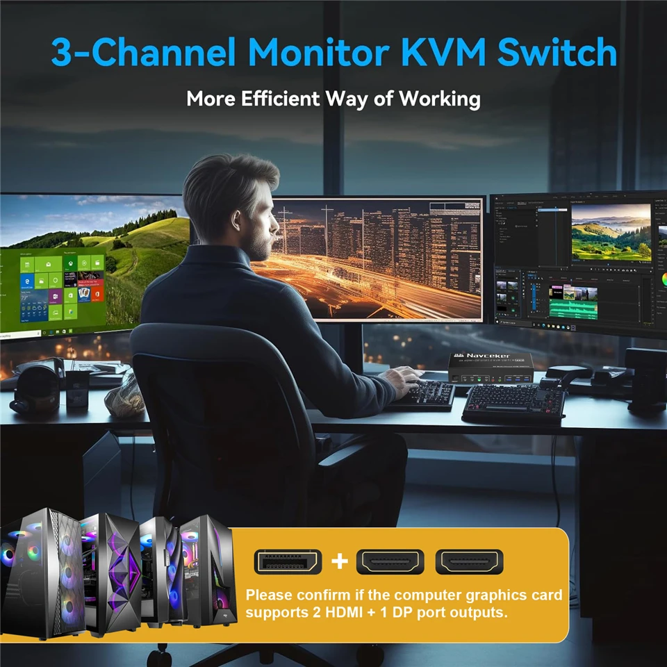 8K HDMI DP KVM USB 3.0 Switch 4x3 Triple Monitor 4K 120Hz Extended Display Displayport Switcher 4 In 3 Out for Keyboard Mouse