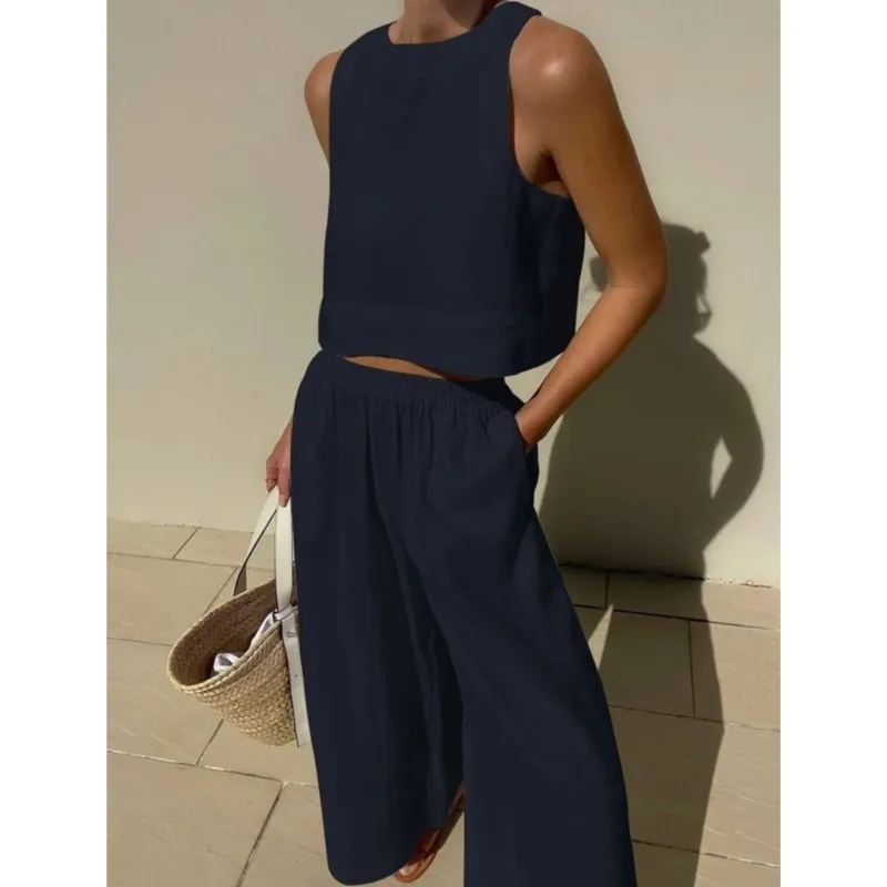 Costume pantalon à jambes larges pour femmes, couleur unie, décontracté, ample, col rond, sans manches, chemise ample, pantalon à jambes larges, ensemble deux pièces, nouvelle collection été