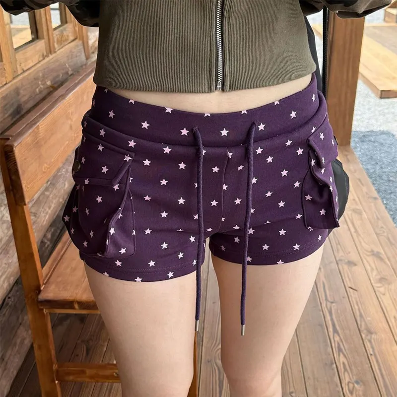 Y2K Hotsweet Star Printed Purple Casual Shorts Female Clothing High Waist Summer Drawstring Fashion Pockets Slim Vintage Shorts